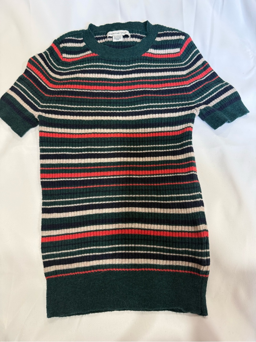Y2K American Eagle Outfitters Striped Ribbed Knit Top - Green, Navy, Cream